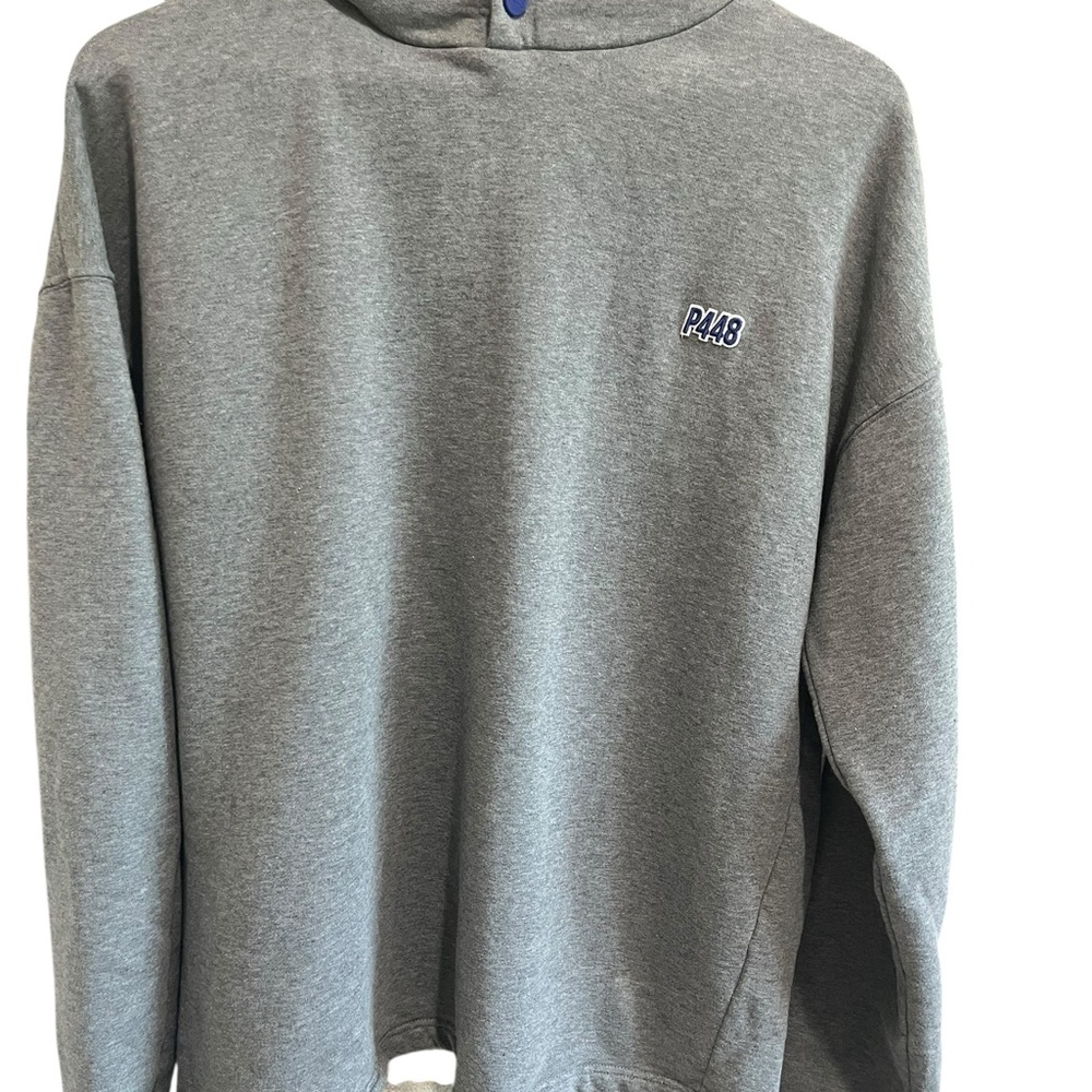 P448 Grey Hoodie Sz Large Raised Letters Italy 100% Organic Cotton